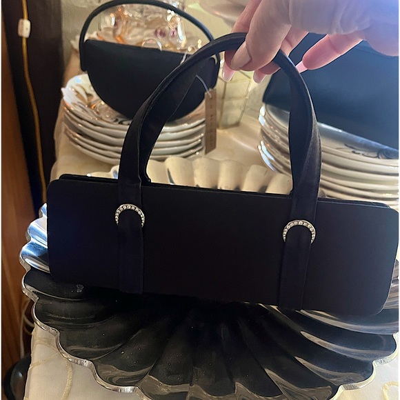 Handbags - Black satin evening bag with rhinestone accents